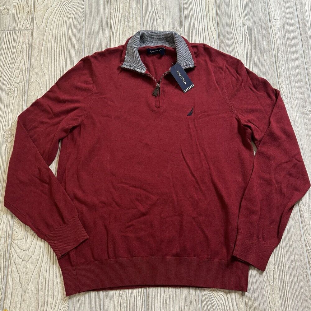 Nautica 1/4 Quarter Zip Pullover Sweater Mens M Crimson Long Sleeve Logo NWT
